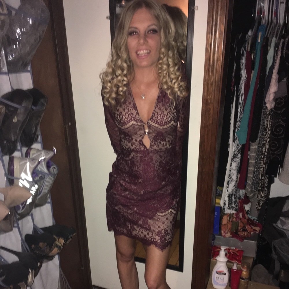 Deep Plunge V-neck dark purple lacey mini dress